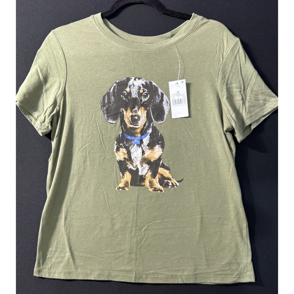 NWT Zoe + Liv Women's Green T-Shirt with Dachshund Dog Print, Size Medium